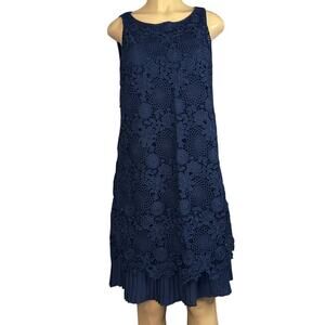 J. Jill Lace Overlay Dress Sleeveless Accordion Pleated Navy Blue Size Small